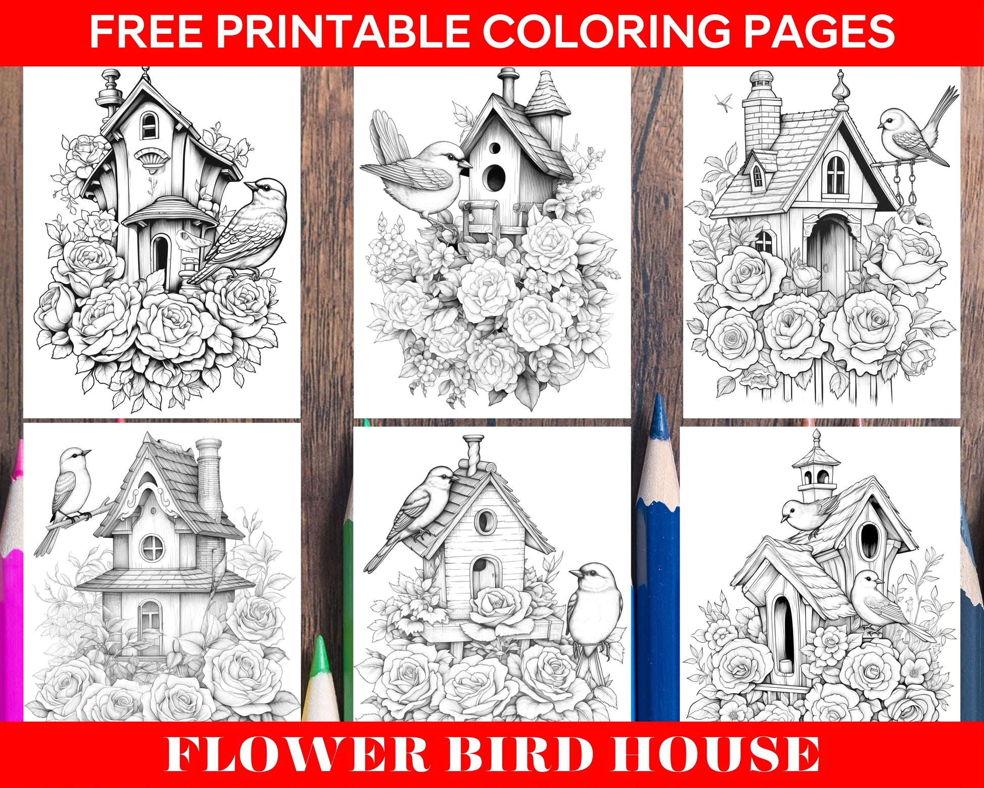 Free flower bird house grayscale coloring pages printable for adults â coloring