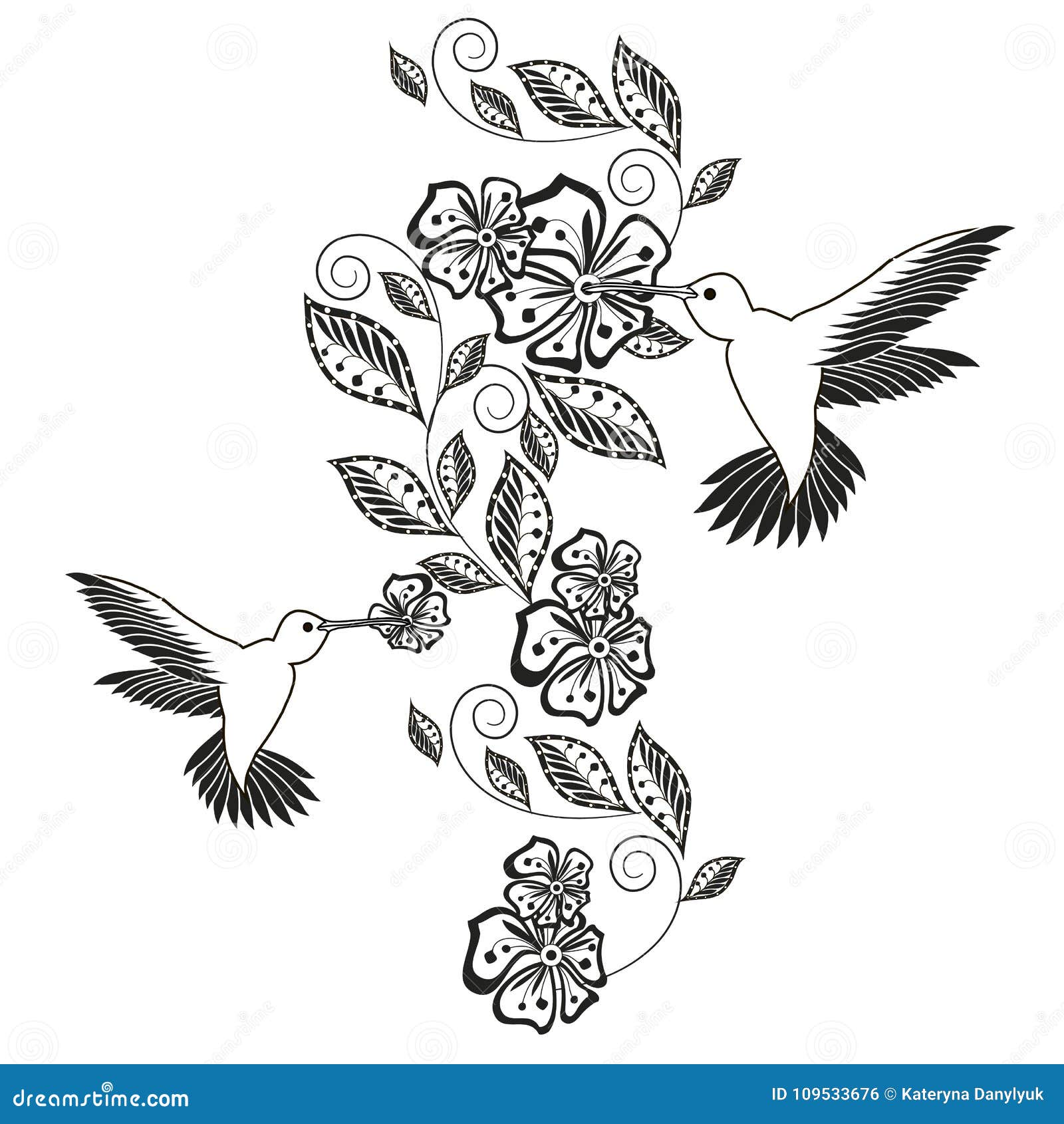 Monochrome hand drawn decorative floral element hummingbird for coloring page print tattoo stock vector