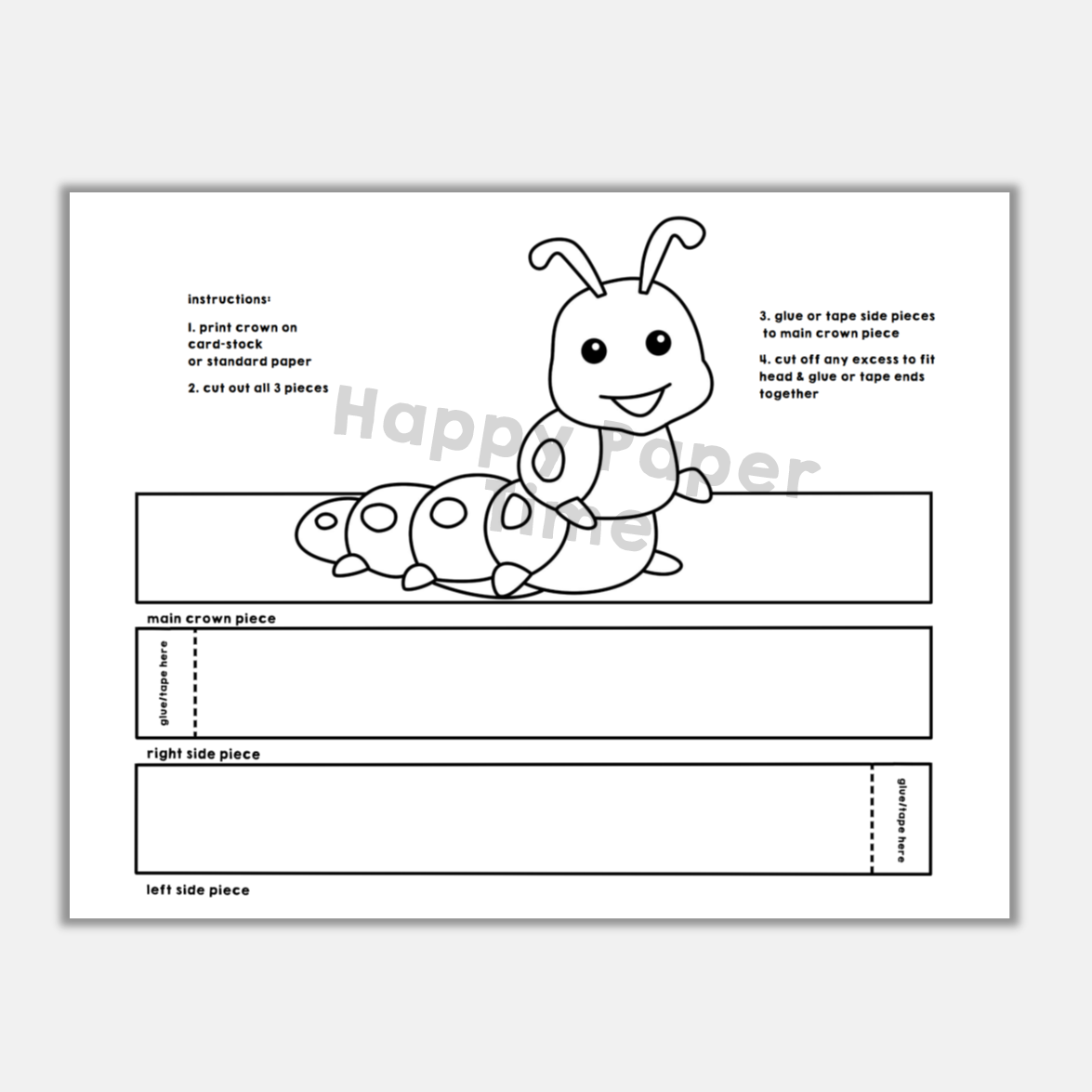 Caterpillar paper crown printable bug insect coloring craft activity made by teachers