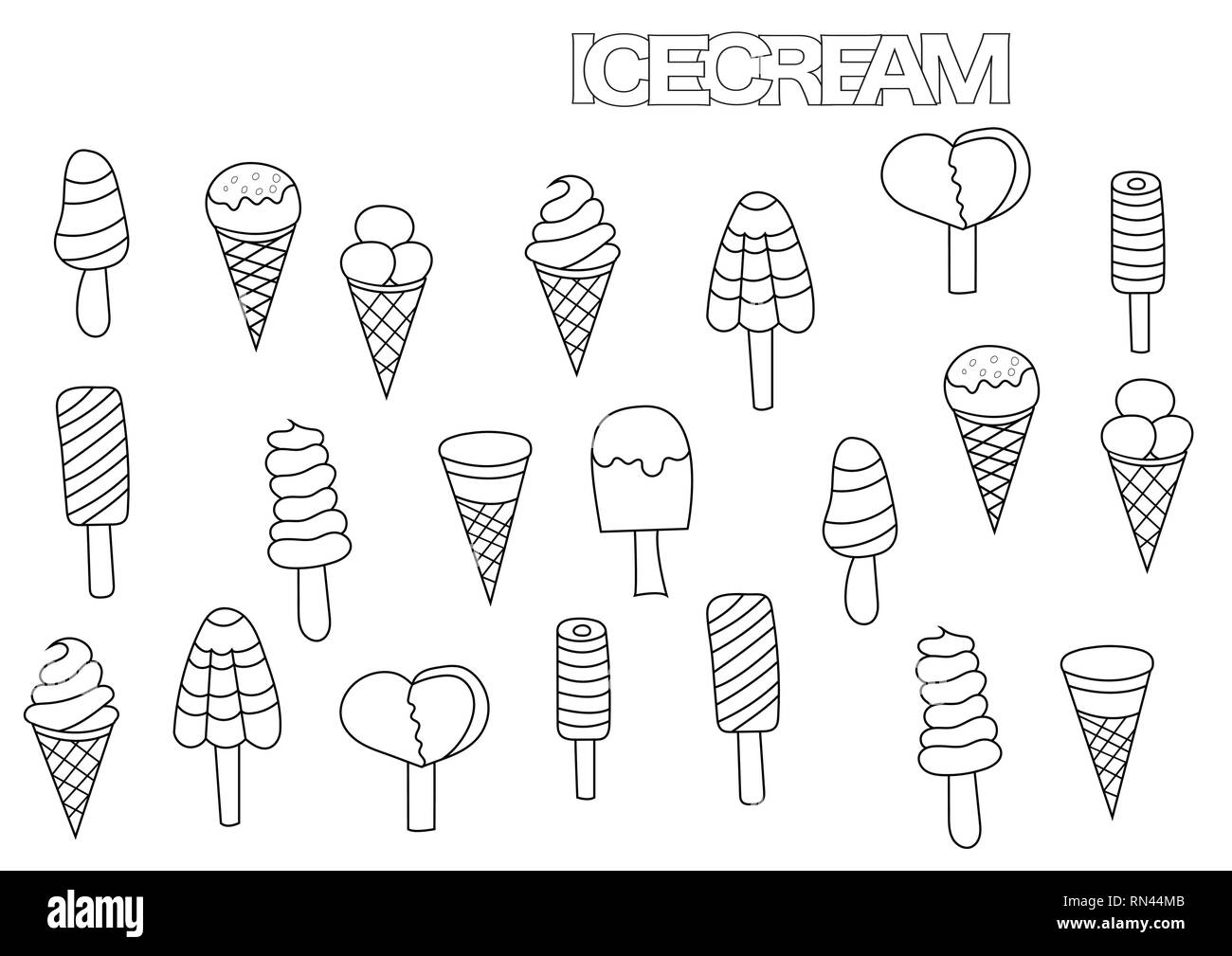 Hand drawn ice cream set coloring book page template outline doodle vector illustration stock vector image art