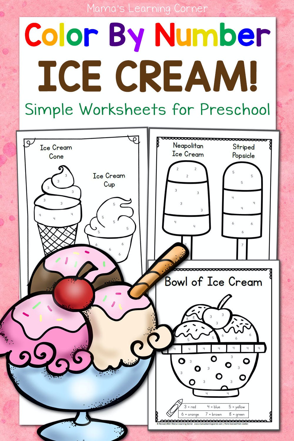 Color by number worksheets for preschool ice cream