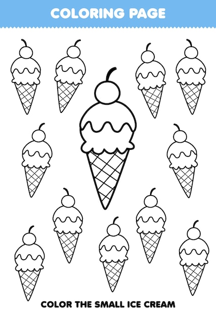 Premium vector education game for children coloring page big or small picture of ice cream printable worksheet