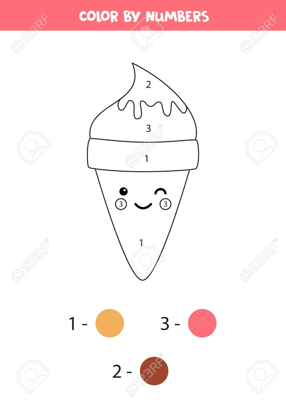 Color cute kawaii ice cream by numbers educational game for kids printable worksheet coloring page for preschool children math sheet royalty free svg cliparts vectors and stock illustration image