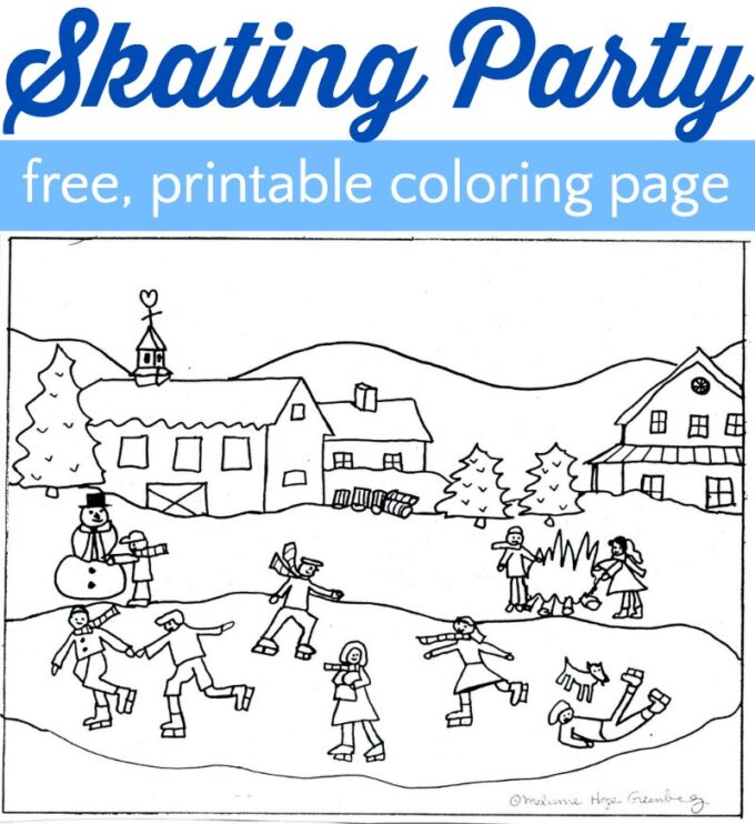 Winter skating party coloring page