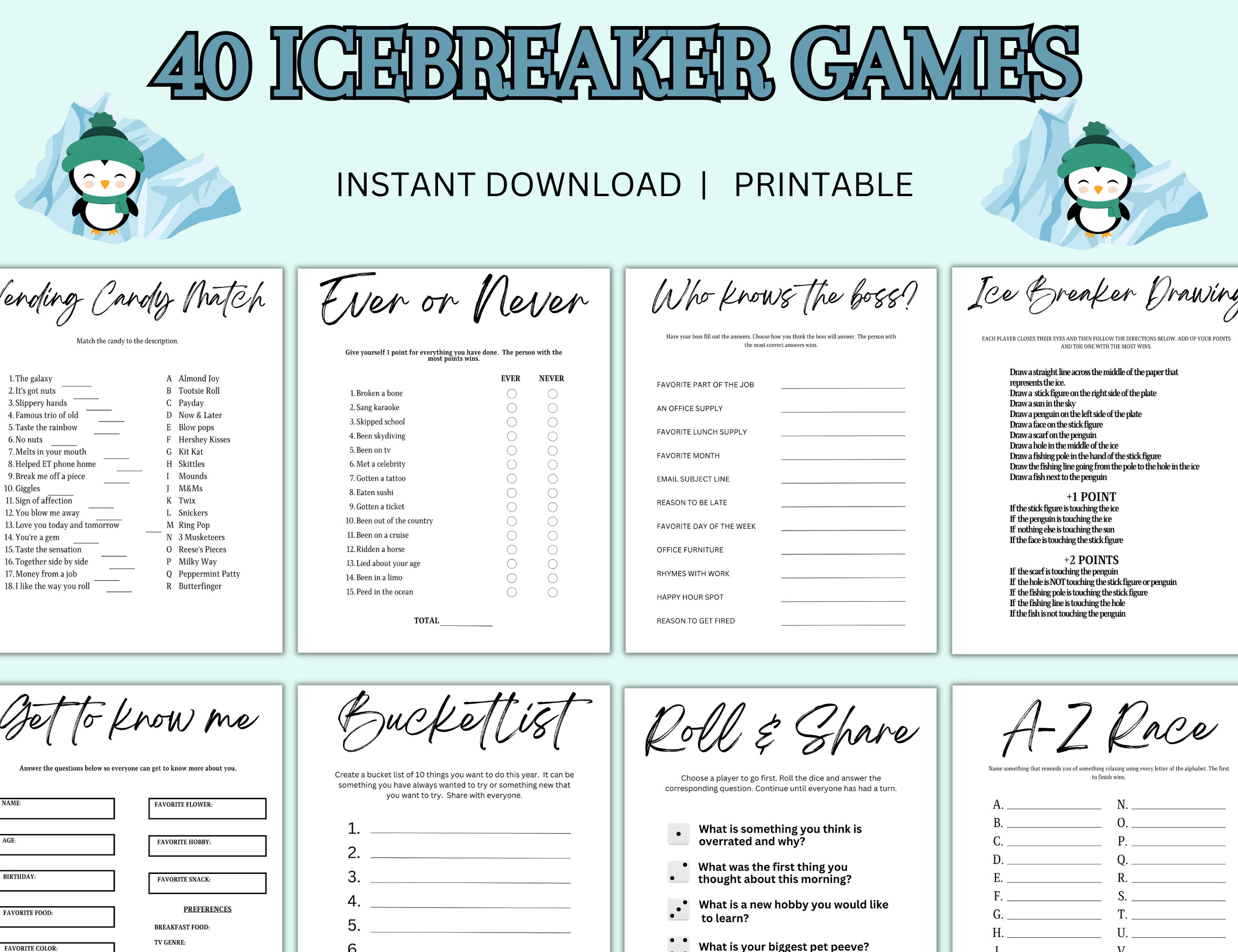 Icebreaker game bundle printable icebreaker games staff game idea ice breaker questions work party team building games happy hour game instant download