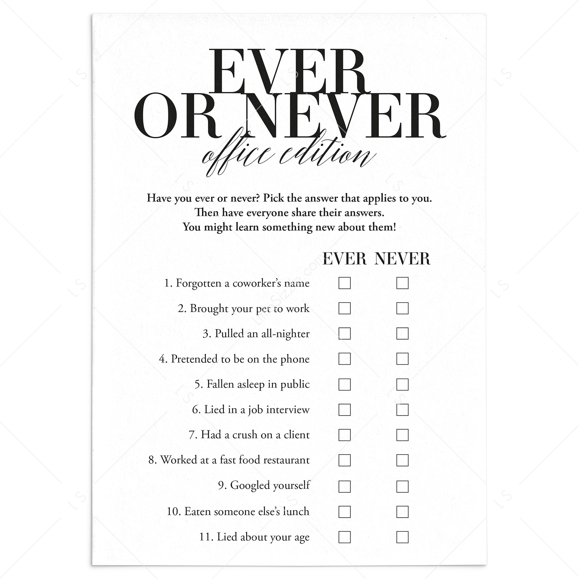 Ever or never office party icebreaker game printable instant download â