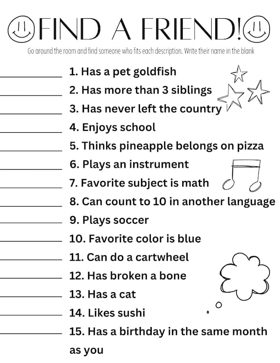 Ice breaker group game printable find a friend youth group classroom club game encourages kids or adults to get to know others