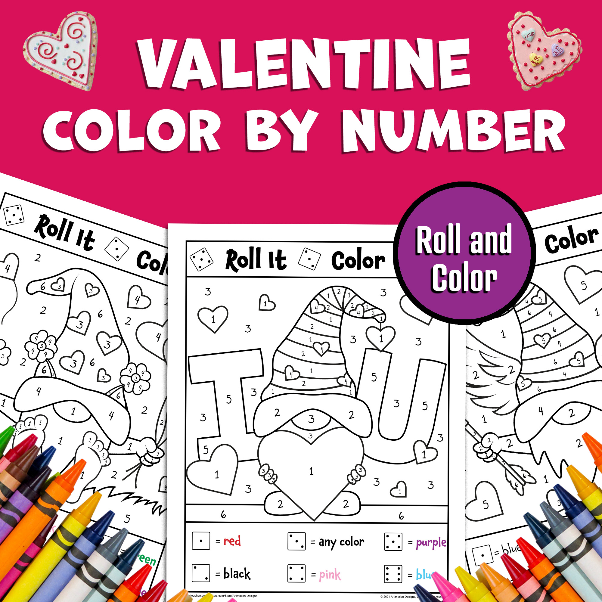 Valentines day color by number dice game math game winter activity made by teachers