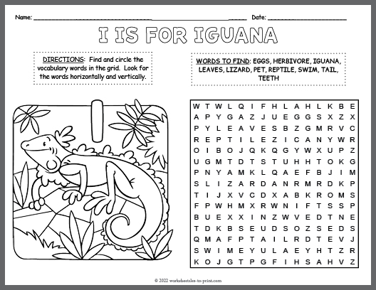 Iguana word search coloring page