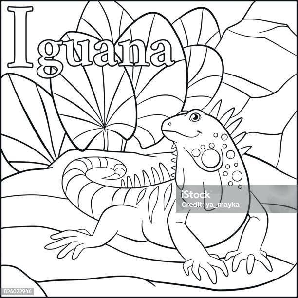 Coloring page cartoon animals alphabet i is for iguana stock illustration