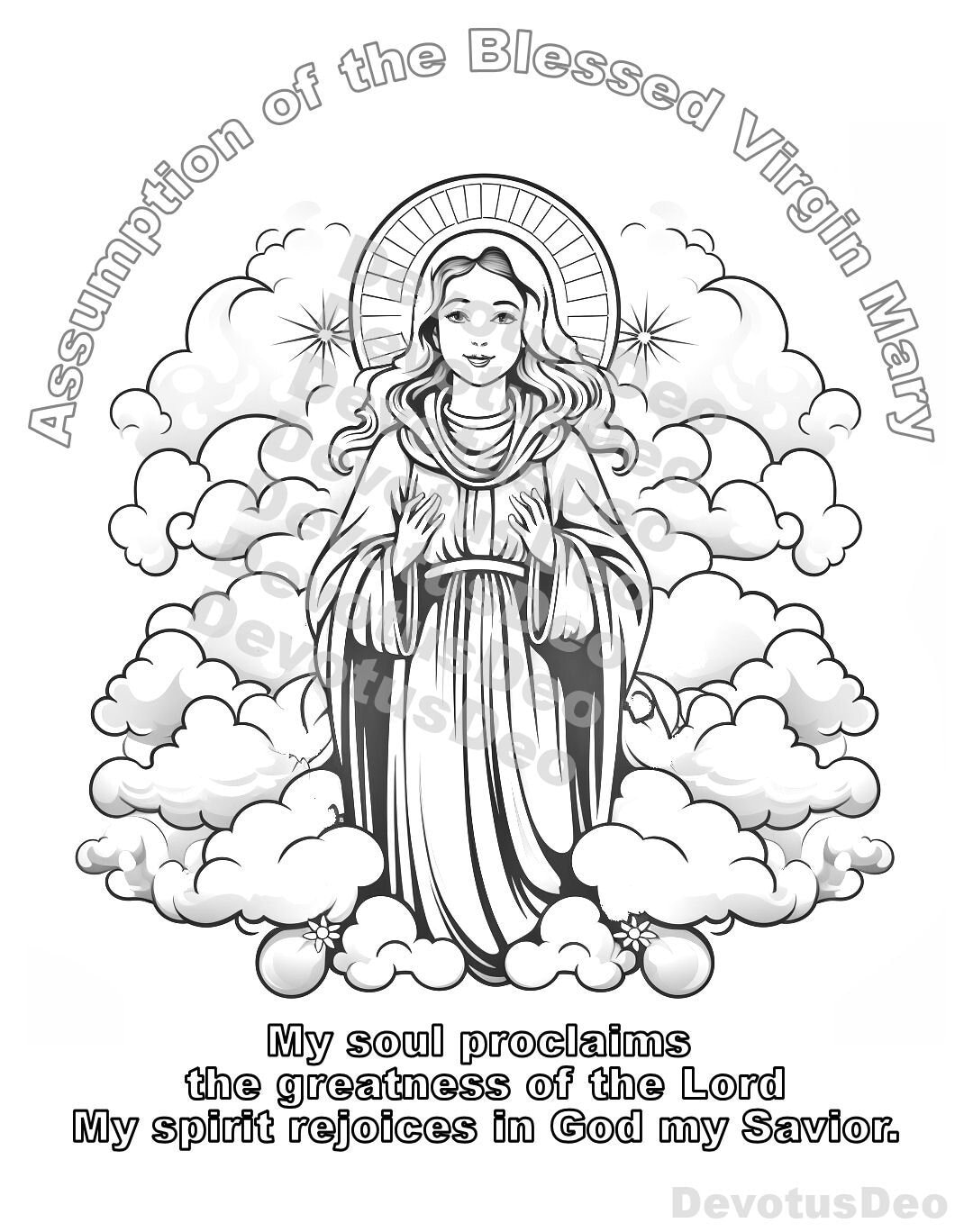 Catholic coloring page assumption of the blessed virgin mary christian instant download printable