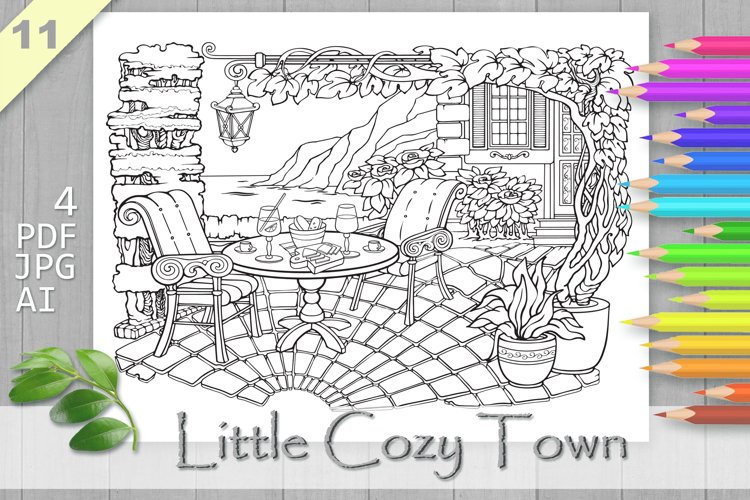 Cozy town coloring page printable aesthetic