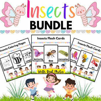 Insects coloring pages flashcards bundle for kids