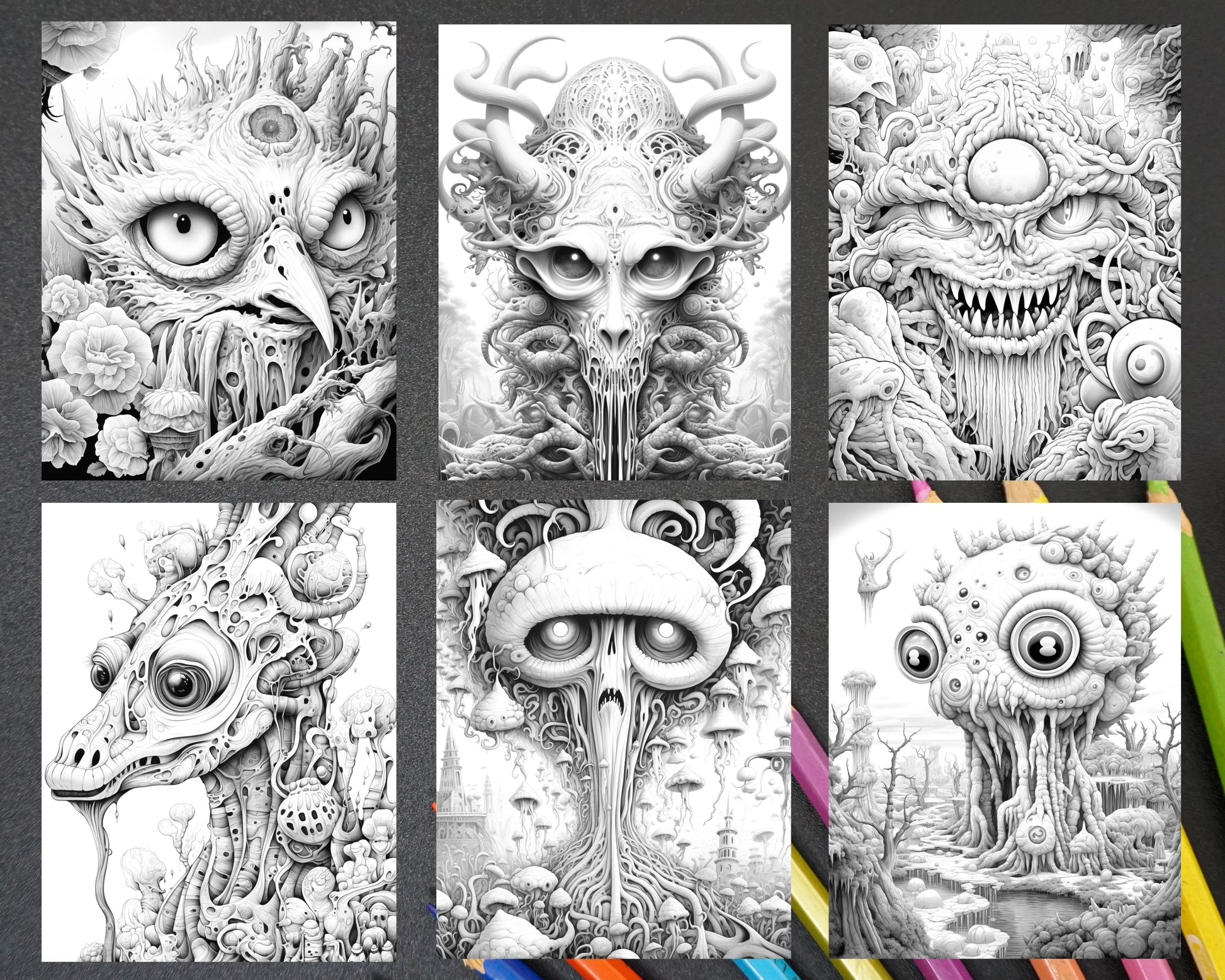 Surreal creatures grayscale coloring pages for adults printable pd â coloring