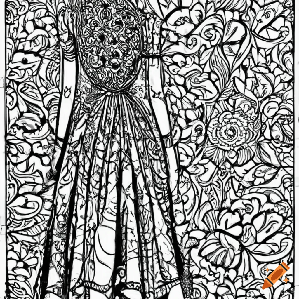 Intricate coloring page of a woman in a beautiful dress on