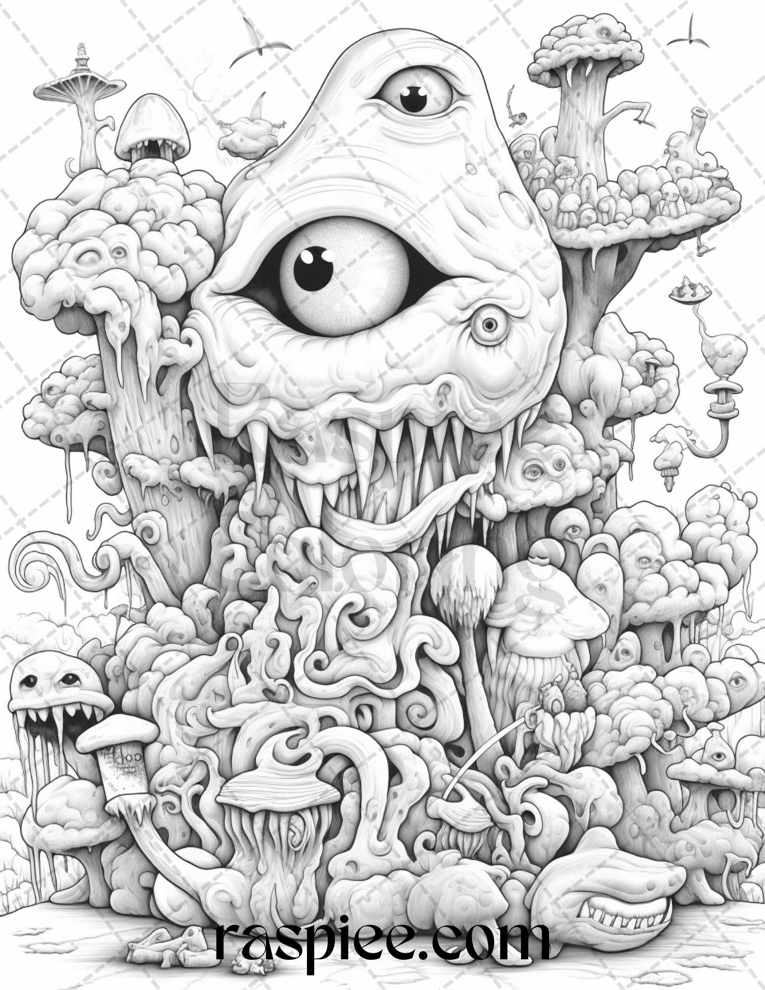 Surreal creatures grayscale coloring pages for adults printable pd â coloring