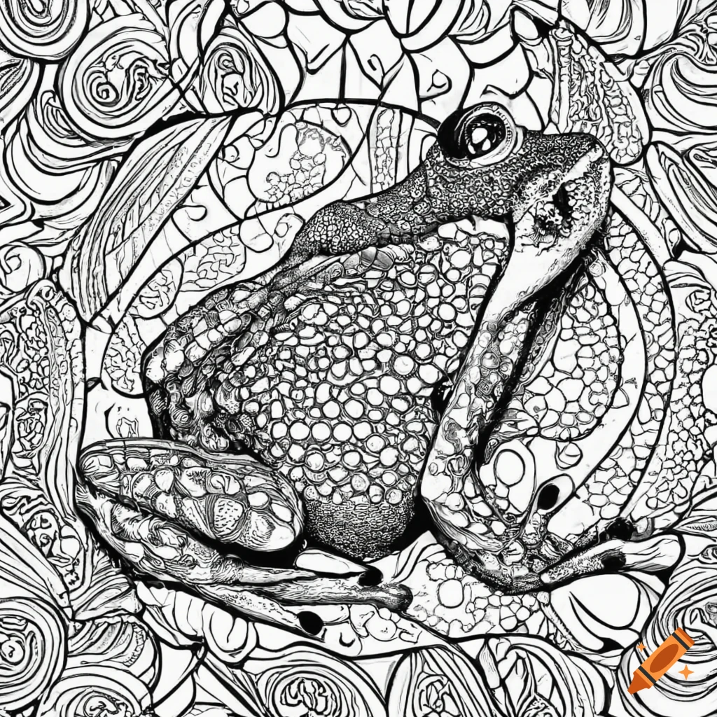 Printable black and white coloring page of a tree frog with intricate details on