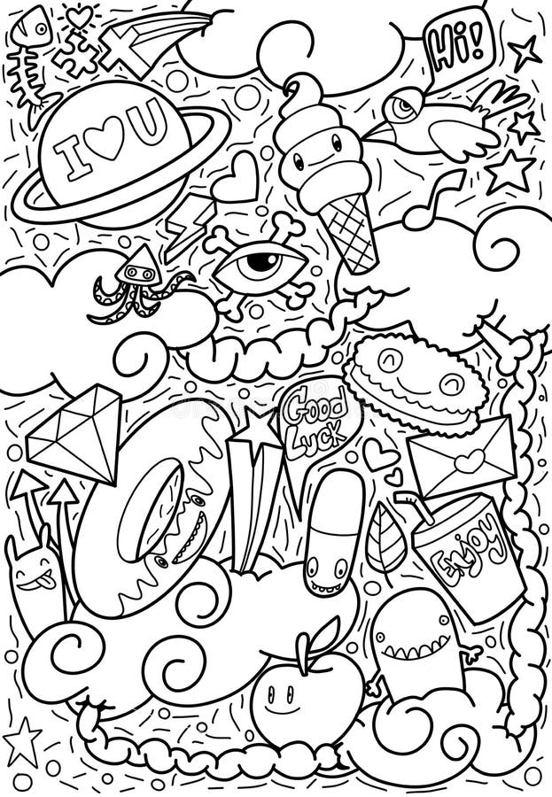 Cartoon cute monsters monster party card design illustration hand drawncoloring book stock illustration