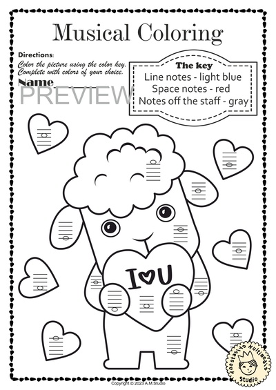 Valentines day music coloring pages color by lines and spaces