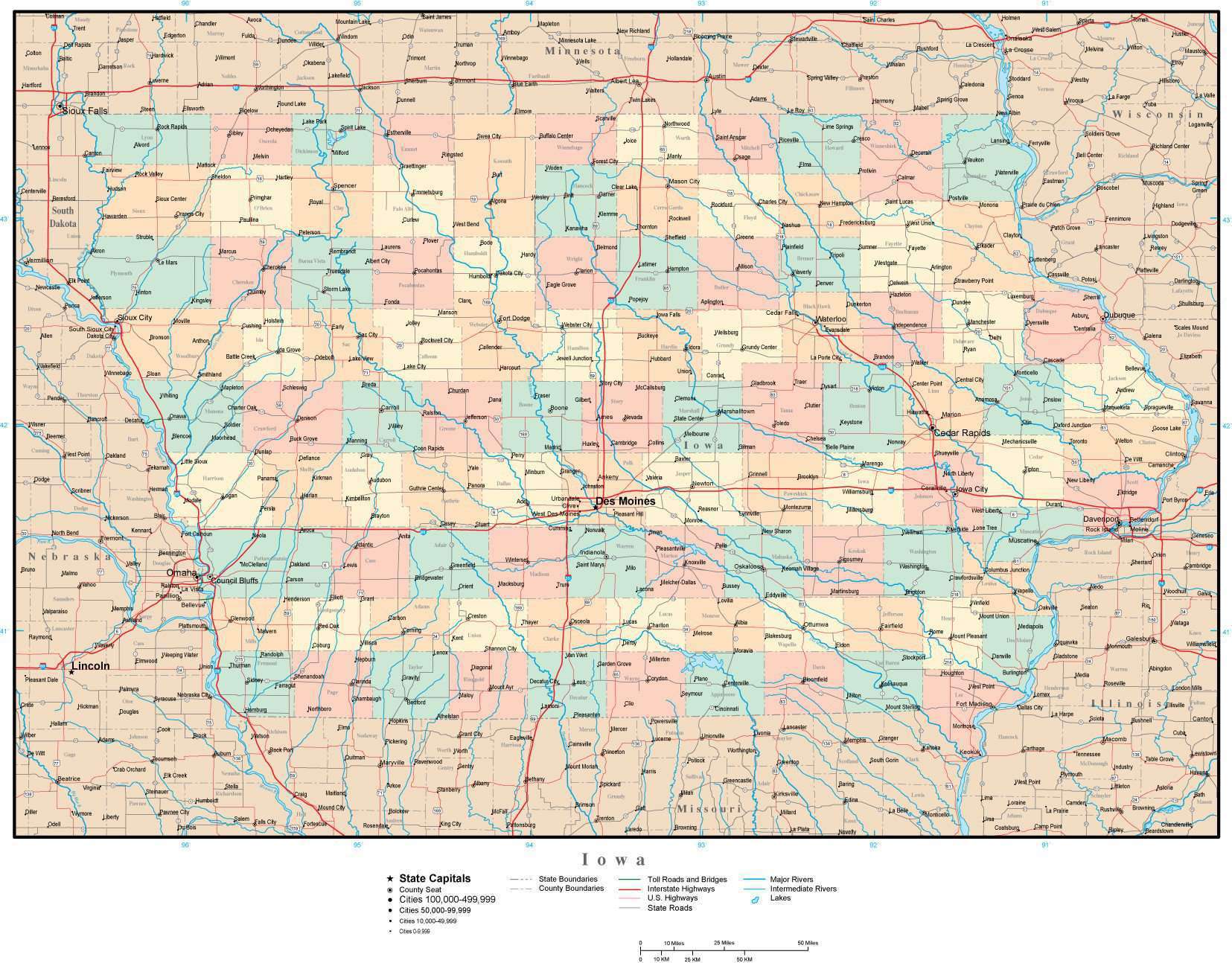 Iowa adobe illustrator map with counties cities major roads