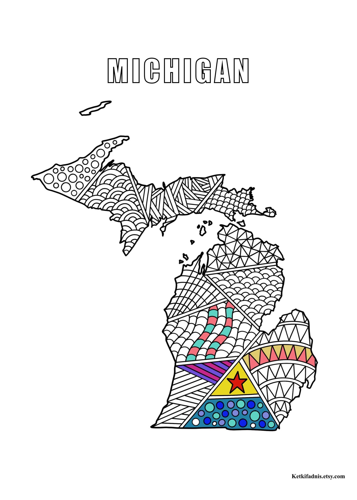 Michigan map colouring page digital download pdf zentangle colouring page