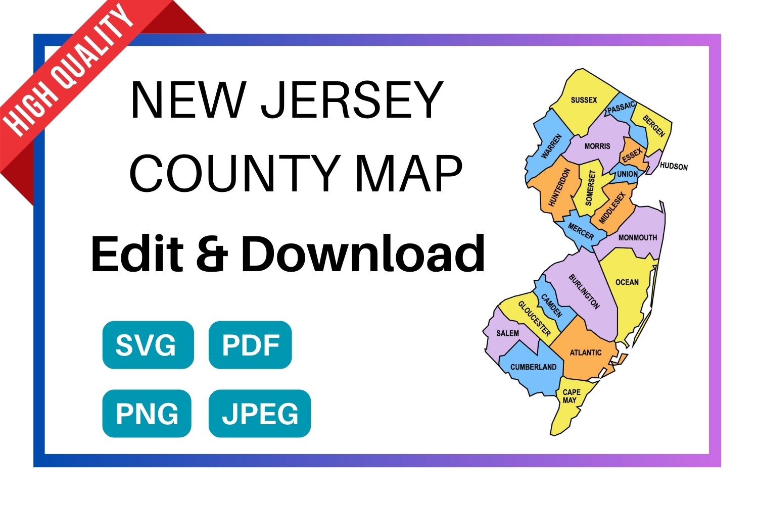 New jersey county map editable printable state county maps