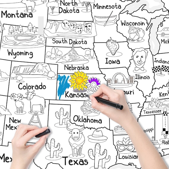 Us map coloring poster for kids x inches