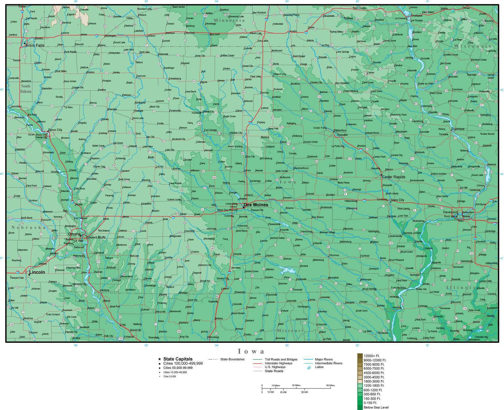 Digital iowa contour map in adobe illustrator vector format ia