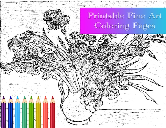 Printable x coloring page vincent van gogh irises beautiful fine art history adult coloring therapy