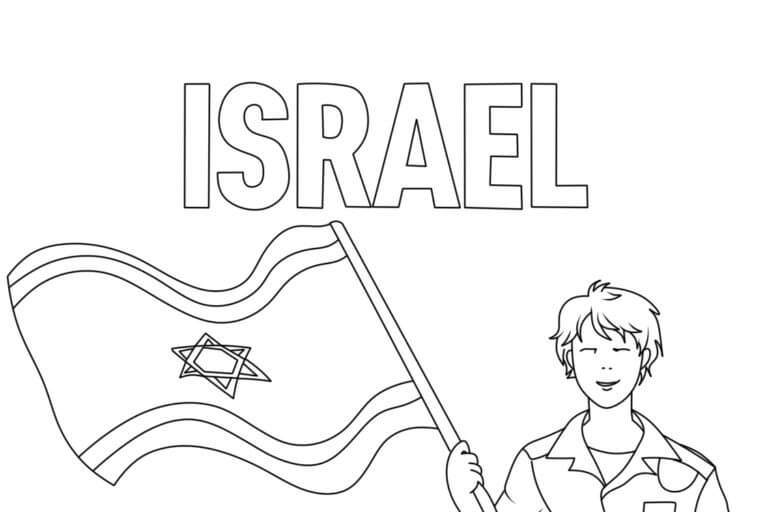 Boy holding israel flag coloring page