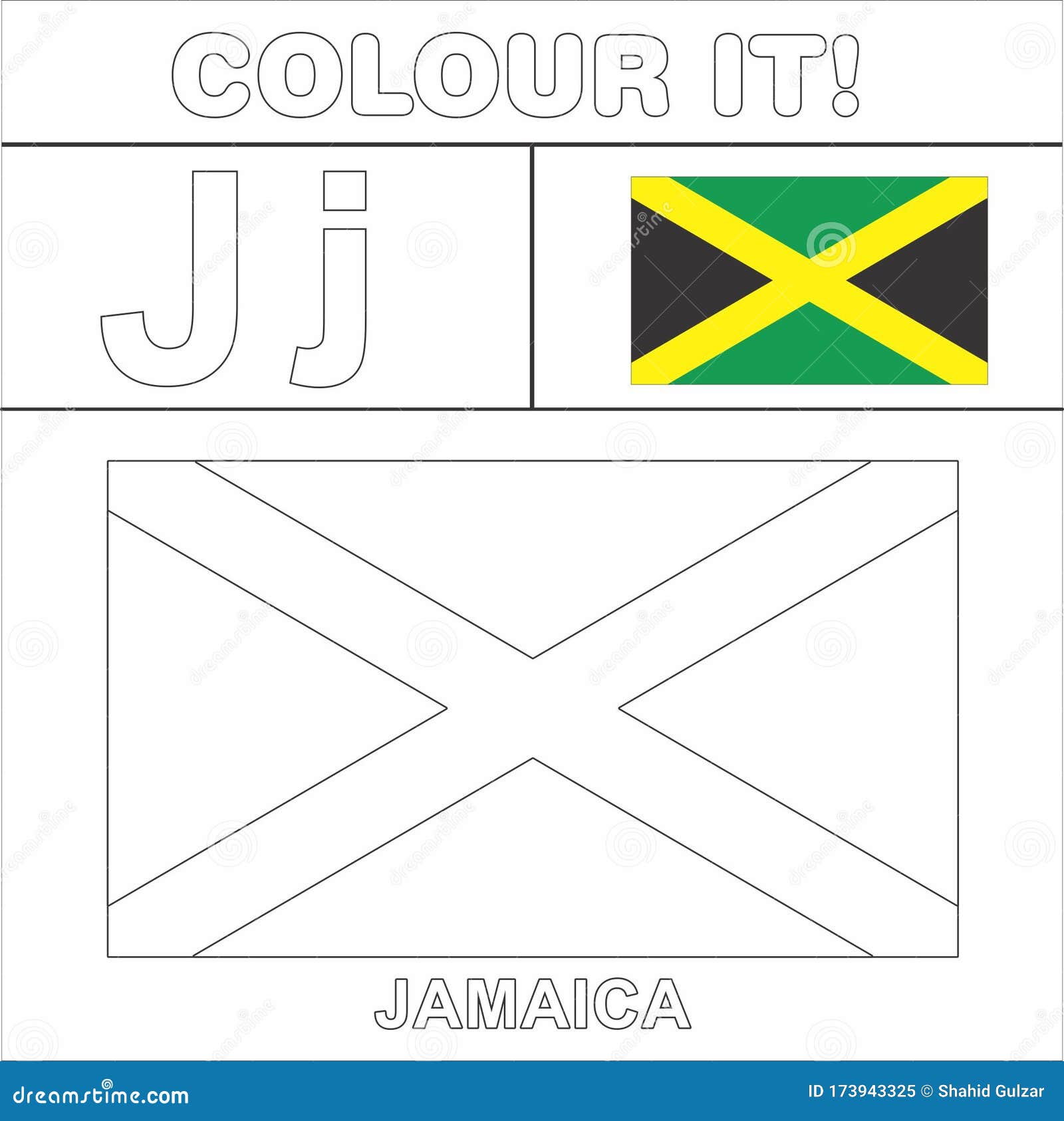 Colour it kids colouring page country starting from english letter j jamaica how to color flag stock illustration