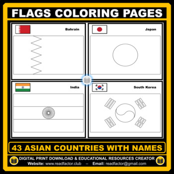 Flags coloring pages of asian countries with names by readfactor club