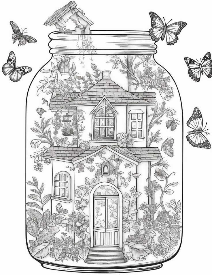 Printable fairy houses in jar coloring pages for adults grayscale adult coloring pages coloring pages adult coloring book pages