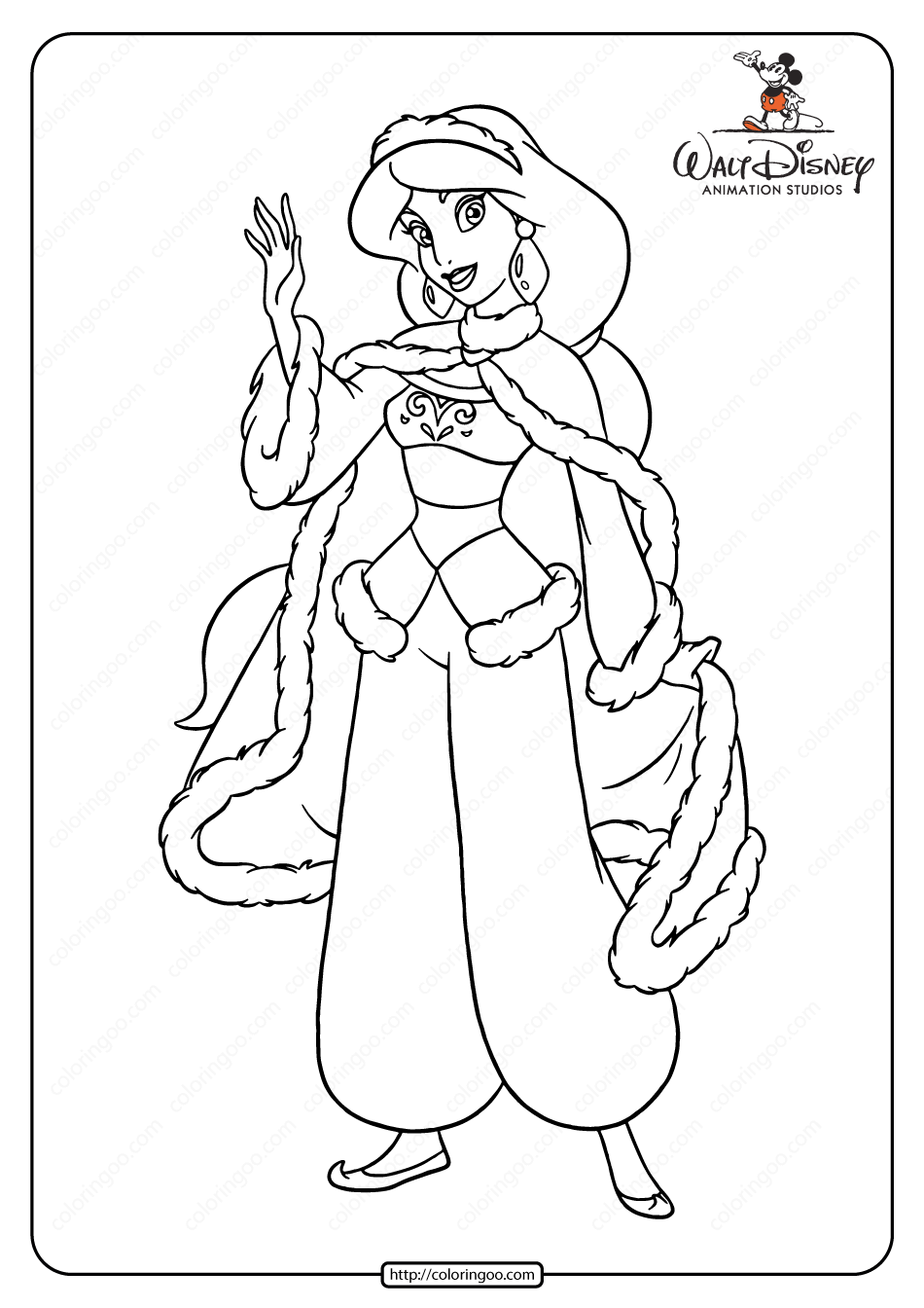 Princess jasmine ready for winter coloring page