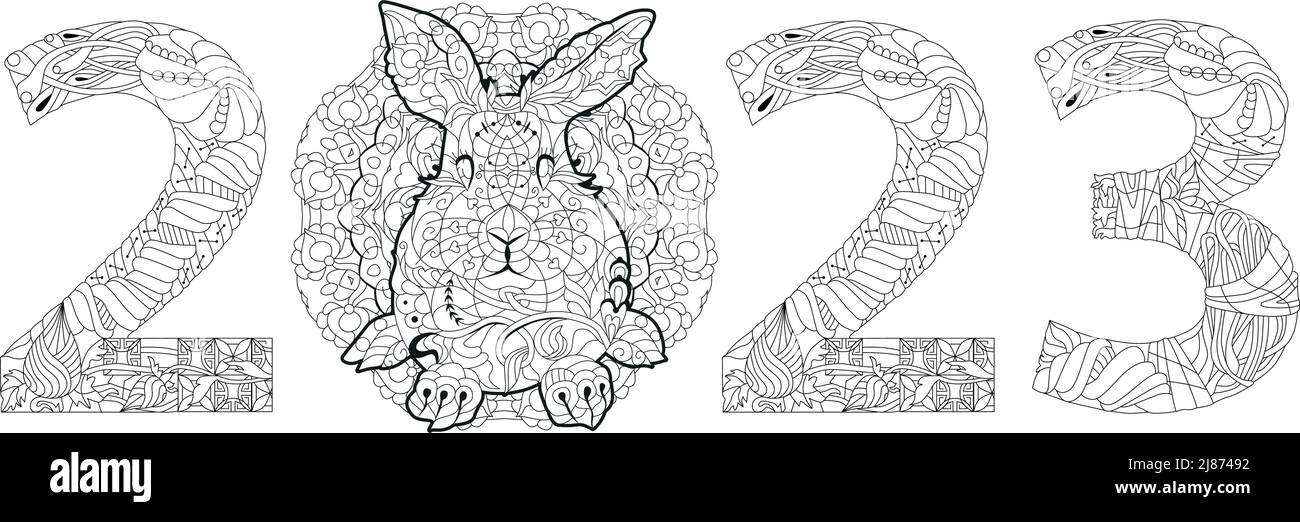 Hand drawn zentangle rabbir number for coloring pages for t