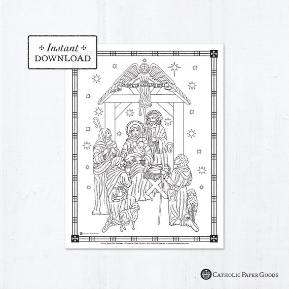 Catholic coloring page christmas the nativity of jesus christ printable coloring page digital pdf downloadable coloring page download now