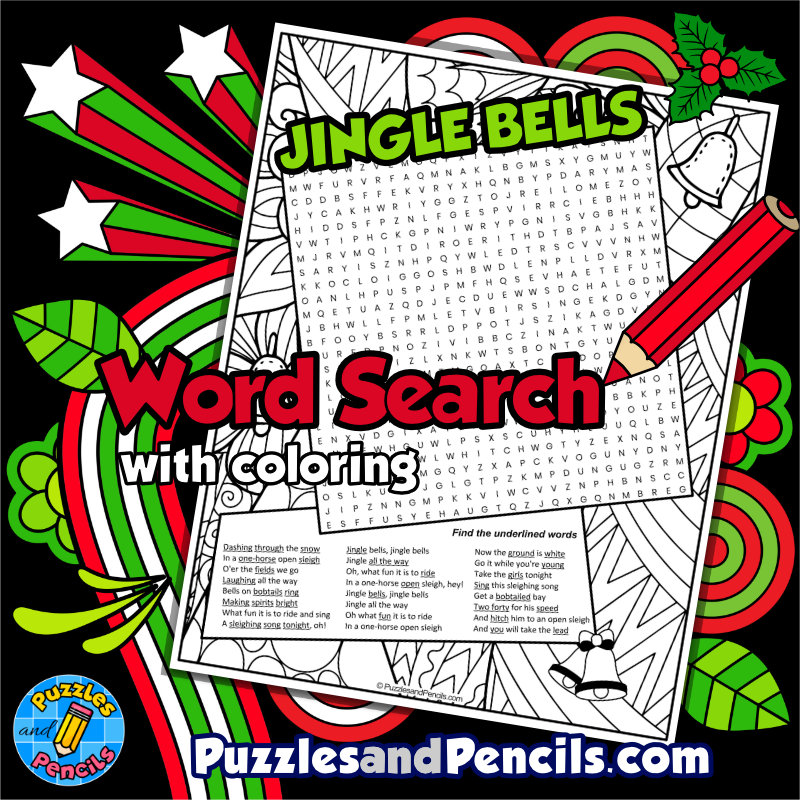 Jingle bells word search puzzle activity page with coloring christmas holiday songs made by teachers