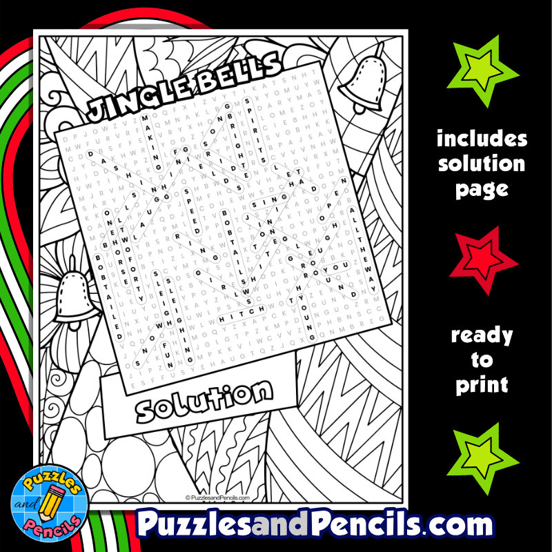 Jingle bells word search puzzle activity page with coloring christmas holiday songs made by teachers