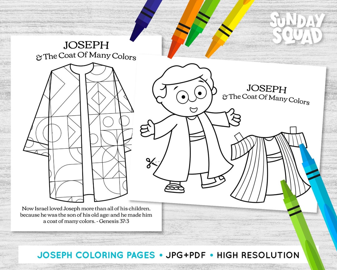 Printable joseph and the coat of many colors set of coloring pages children kids sunday school church bible printable religious instant download