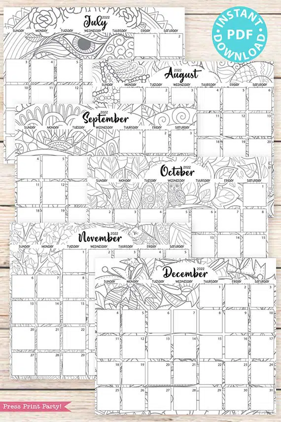 Calendar printable set adult coloring