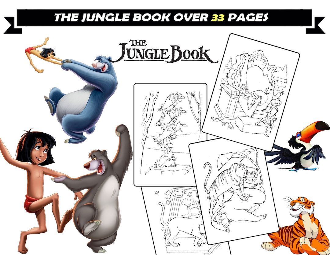 Jungle book coloring pages for kids mowgli baloo bagheera printable cartoon character coloring sheets for all ages instant download