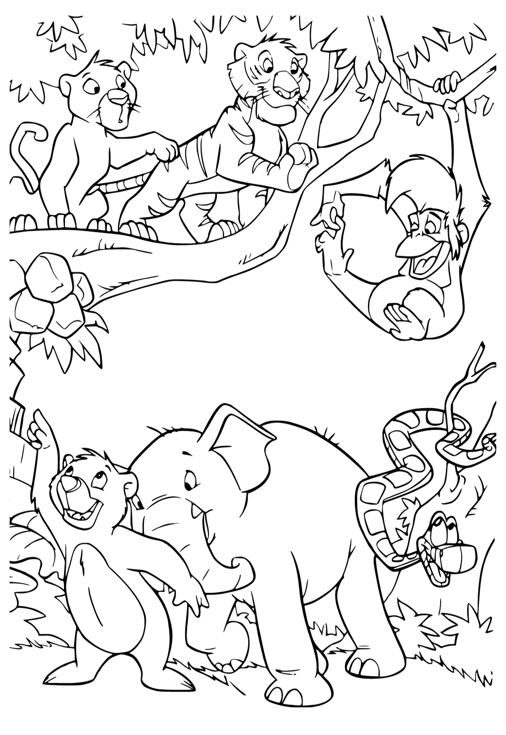 Free printable jungle book characters coloring page for adults and kids