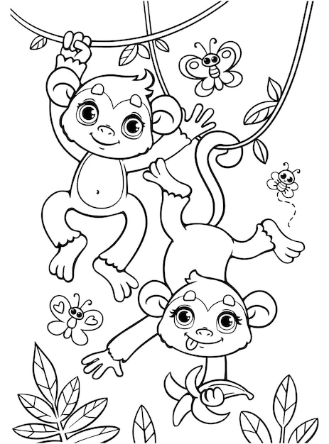 Premium vector coloring book of little baby monkeys are jumping on a branch black and white outline zoo animals of africa illustration for kids coloring book monkey cartoon characters isolated coloring