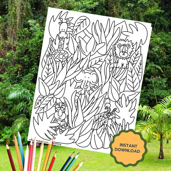 Jungle coloring page hand drawn printable page at home coloring kids adults teenager activity