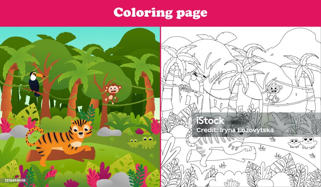 Printable coloring page for kids with jungle paradise scene with cute toucan bird and tiger sitting on tree trunk stock illustration