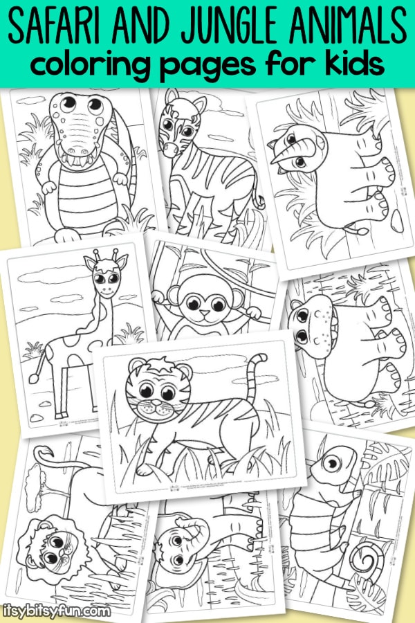 Safari and jungle animals coloring pages for kids