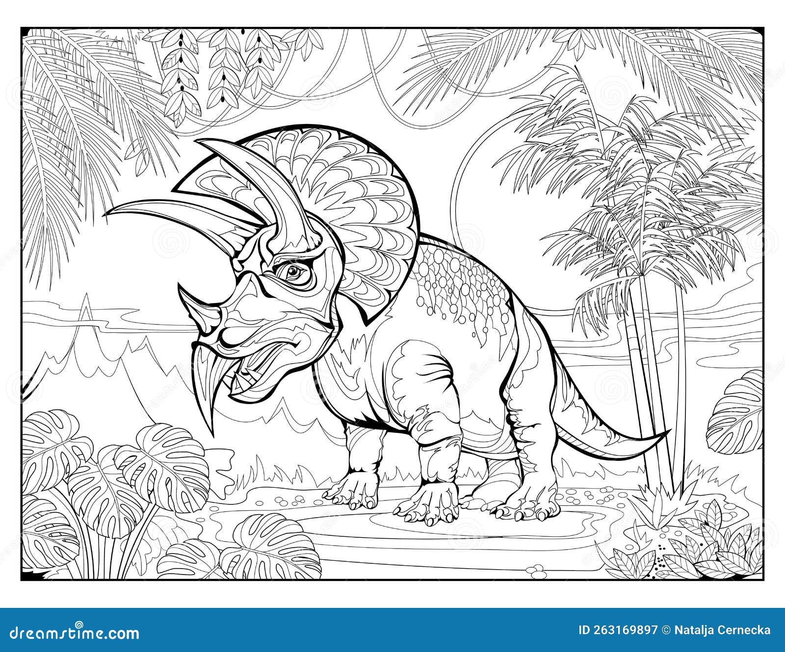 Coloring book for children and adults illustration of triceratops prehistoric dinosaur jurassic world black and white vector stock vector