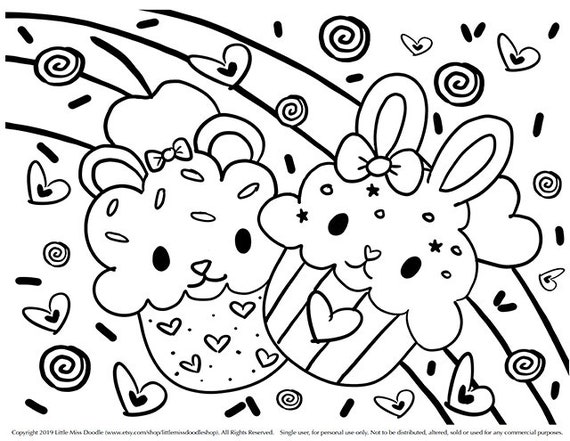 Sweet rabbits doodle printable cute kawaii coloring page for kids and adults