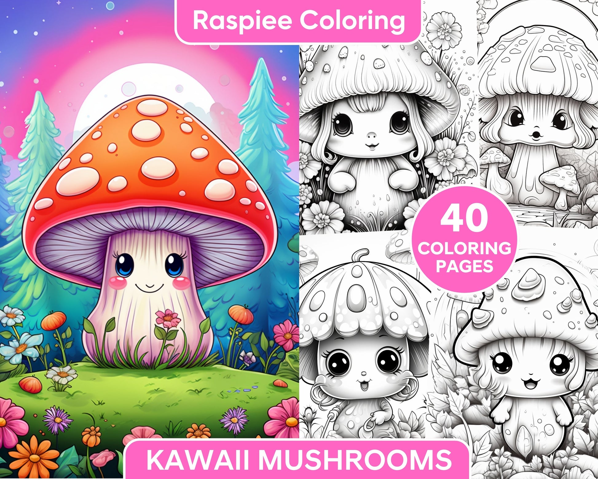 Kawaii mushrooms grayscale coloring pages for adults printable pdf â coloring