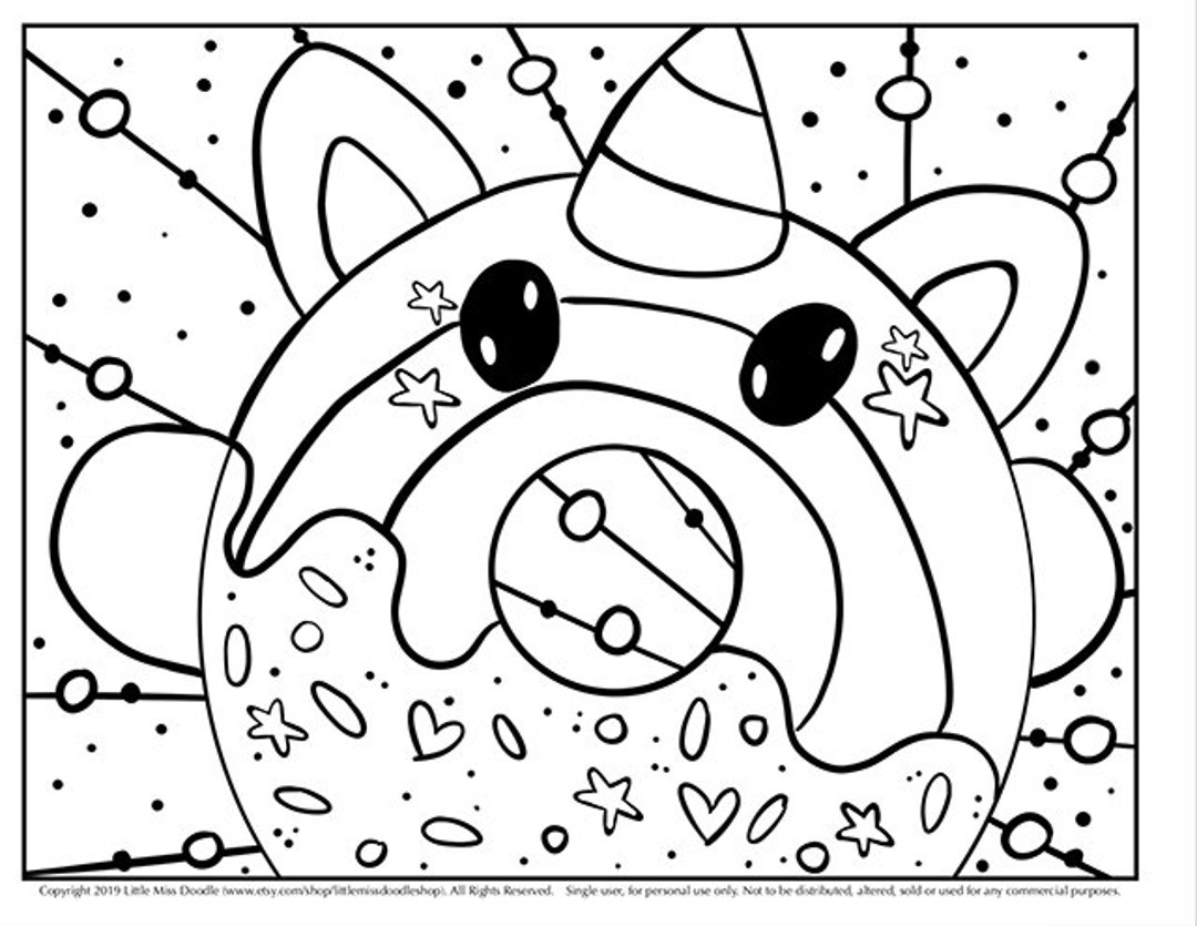 Donutcorn doodle printable cute kawaii coloring page for kids and adults